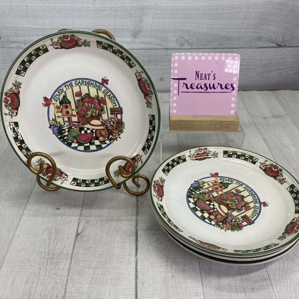International Tableworks GARDENING SEASON Bird Stoneware Salad Plates Set of 4
